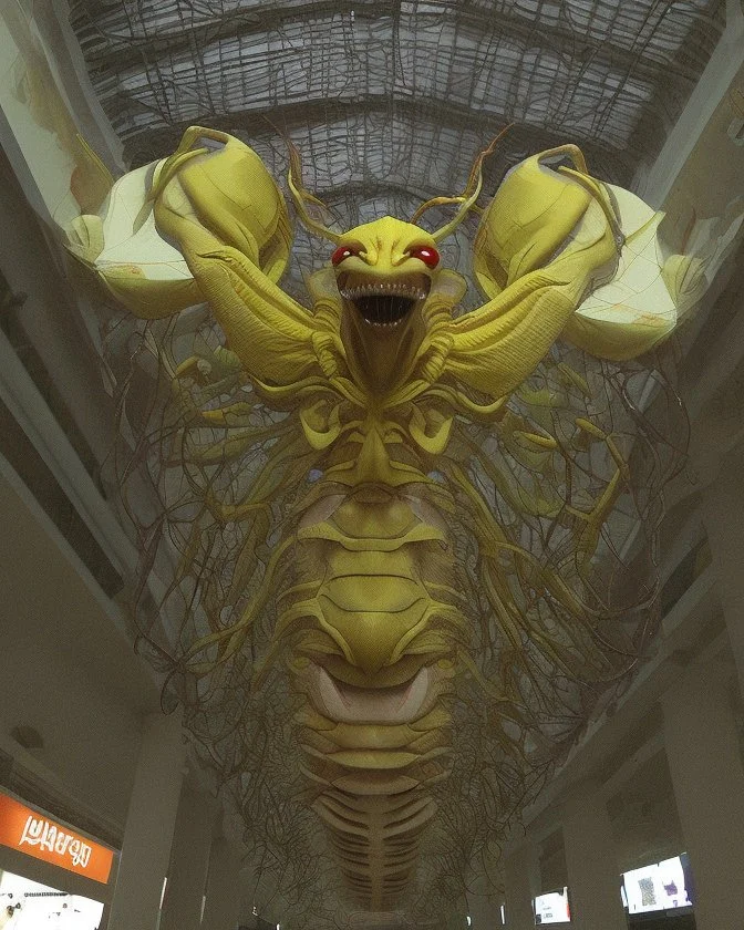 Distorted large yellow insectoid alien in a mall