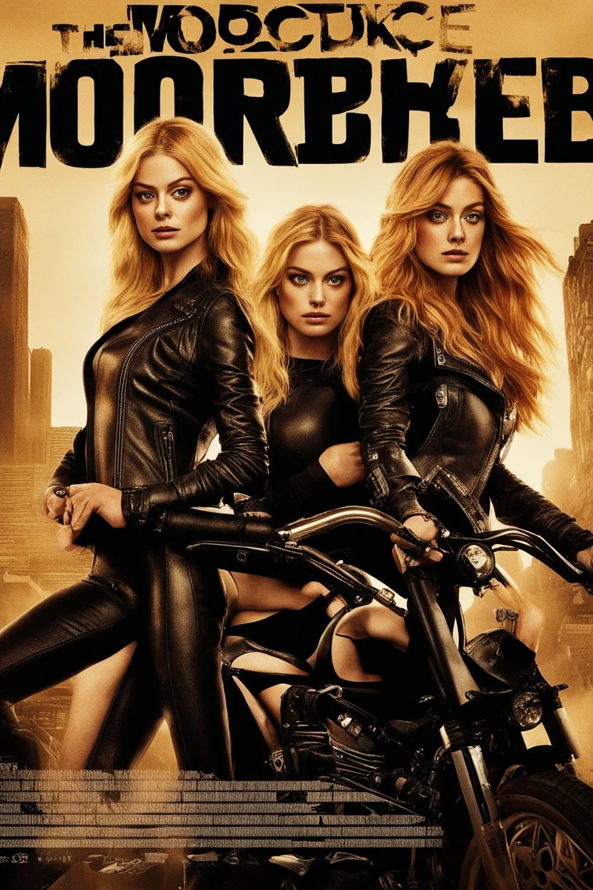 Poster for an action film called "The Motorbike Girls" starring Katherine McNamara, Margot Robbie and Georgia Henshaw wearing tight leather catsuits.