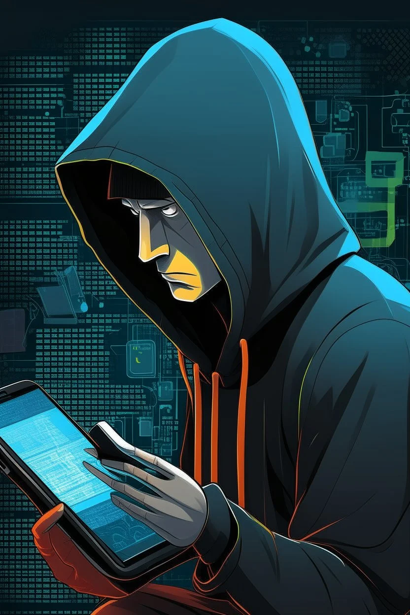 book cover about computer hacker, hoodie, cellphone