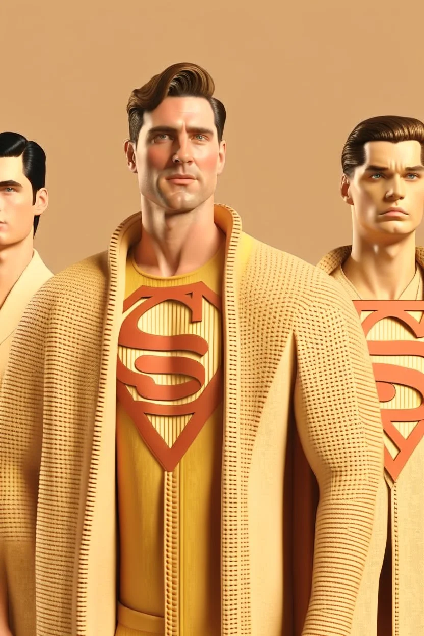 three men in different Gucci Superman's emblem clothing, beige tones, fashion plates, outfits, modern designs, deconstructed tailoring, rendered in cinema4d –q 2 –ar 3:5