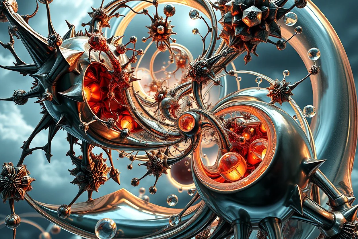 Dynamic complex hypnotic fractal 3D structures Symmetry twisting and morphing between plants and metal geometric forms , smooth translucent iridescent glass with inner glow and bubbles, varied transparent materials, stormy skies, intense dramatic