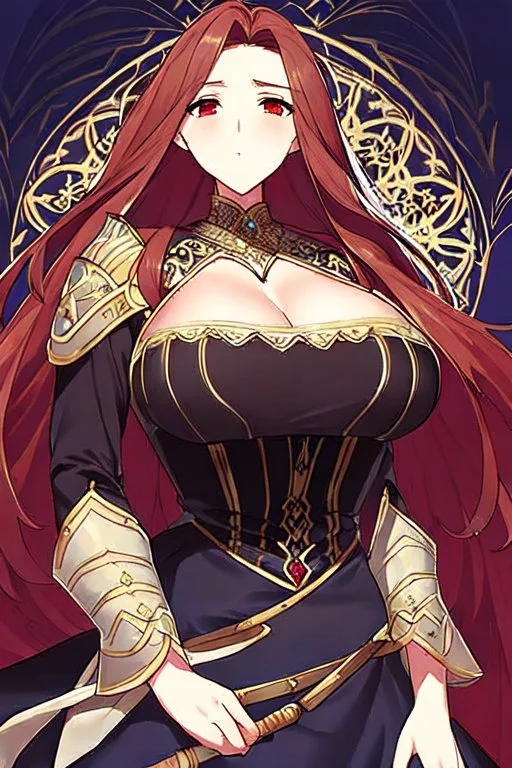 woman with long brown hair and red eyes, medieval concubine, anime style, highly detailed, intricate background, red and black clothes, confident, arrogant