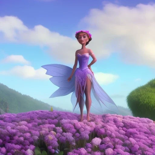 Fairy in a purple dress standing on a flower