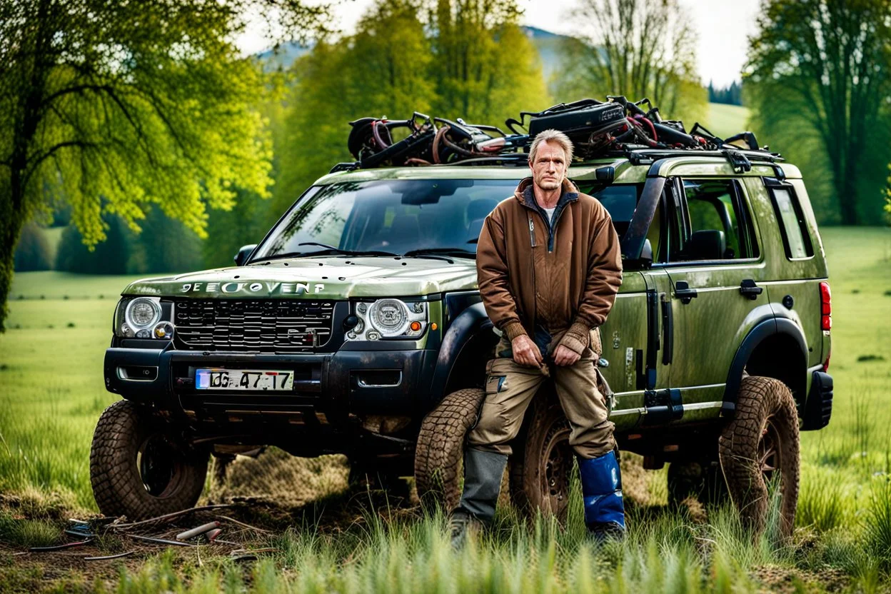 667711 portrait of a broken mechanic, mixed body hybrid part big (sheep), fixing (far away old land rover 4x4 discovery 2) in the countryside