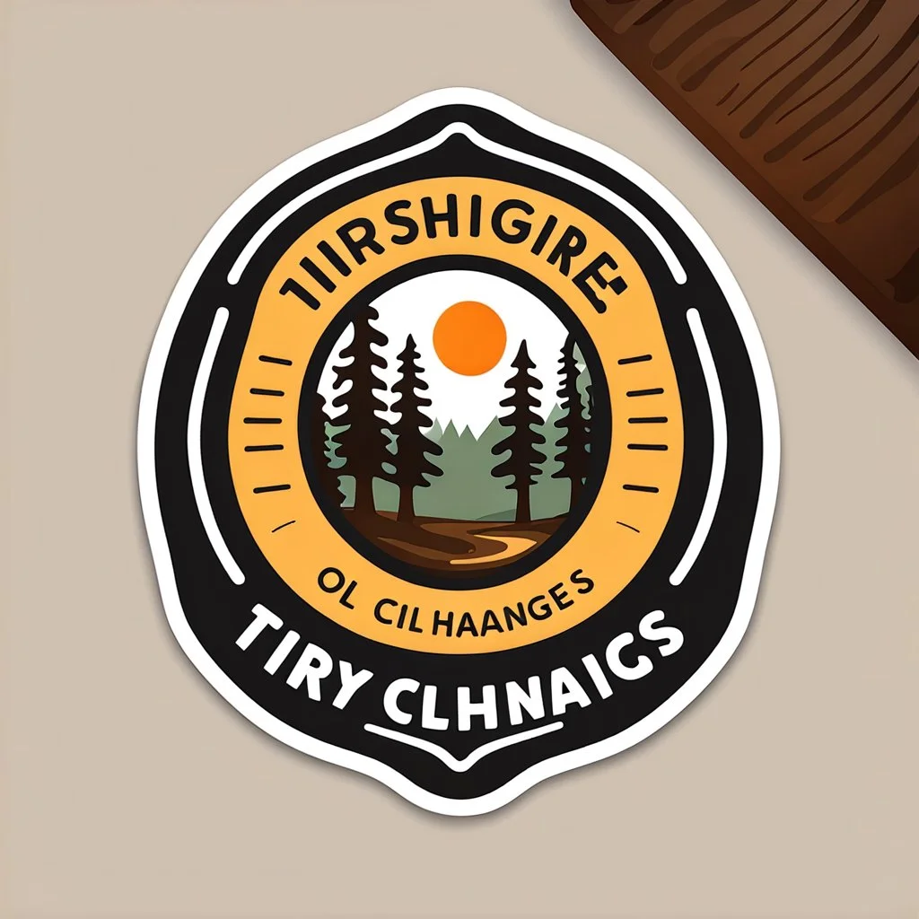 logo for a shop that installs tires and does oil changes, inside a shape with squared top and rounded bottom, in the style of national parks stickers