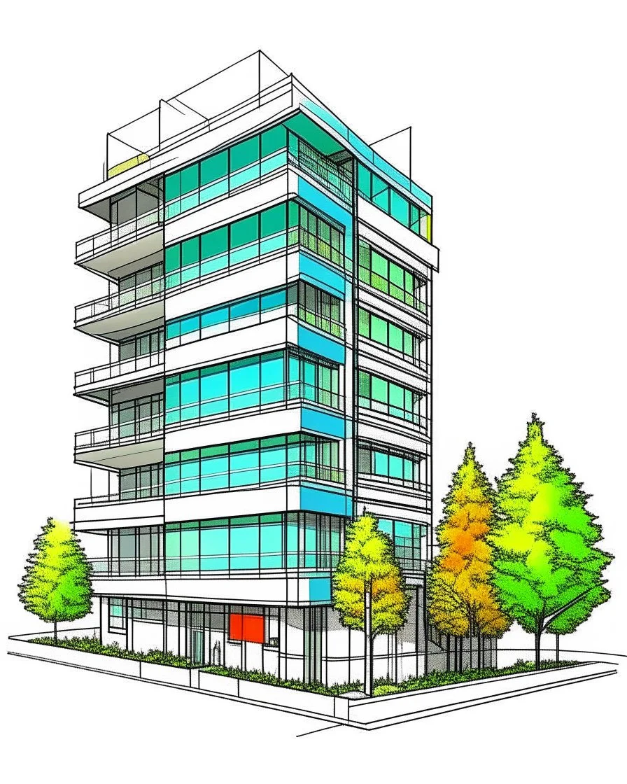 Dibujo arquitectónico de un edificio de cinco pisos, moderno, diseñado aplicando la proporción, estilo minimalista futurista, calidad ultra, gente, árboles, colores complementarios