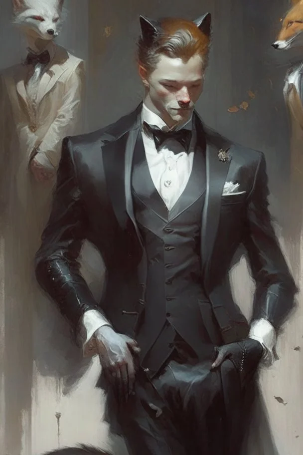 a fox in black suit, white collar band and court gown in the style of Aleksi Briclot, Charlie Bowater, Dean Cornwell, and Pino Daeni