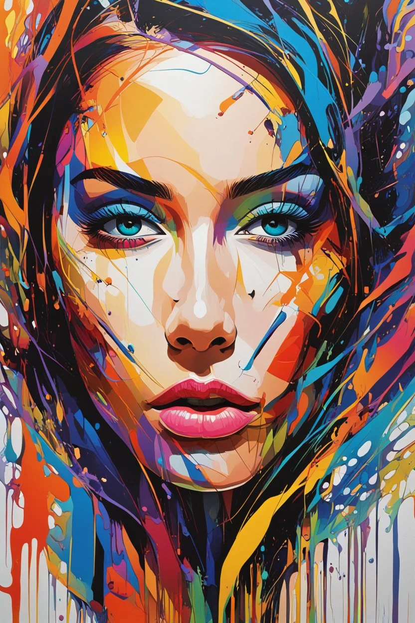 Woman's face, captivating, futuristic work of art on wet canvas. Face meticulously drawn with bold marker lines, creating sharp, precise outlines of your features. Rich and diverse color palette, with splashes of vivid hues dripping and splashing across the canvas. The chaotic and fluid paint contrasts with the controlled lines of the marker, resulting in a kinetic energy animating the piece. Futuristic features are emphasized with bold colors and intricate details, with elegant, angular lines