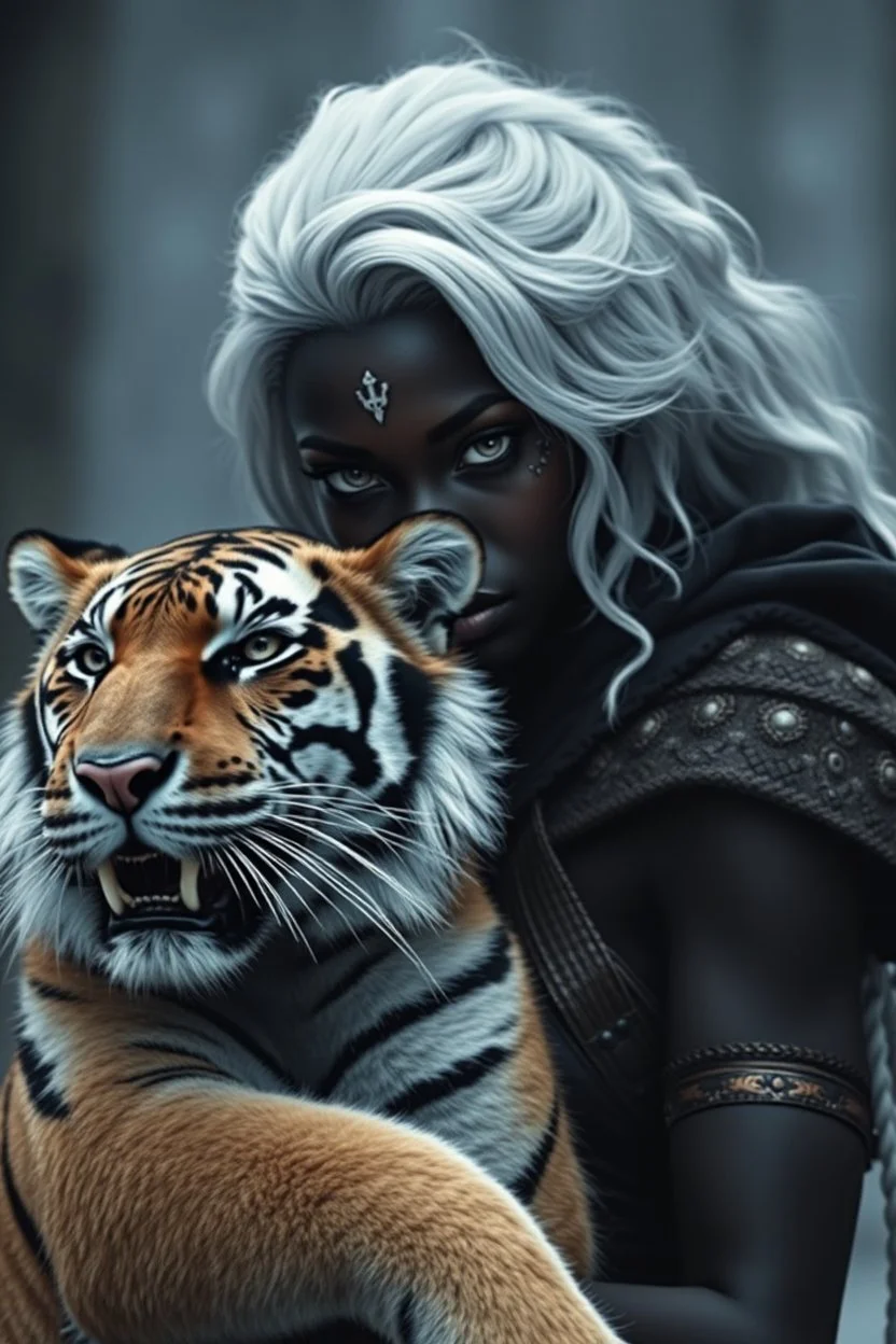 beautiful black skin warrior woman white hair holding tiger