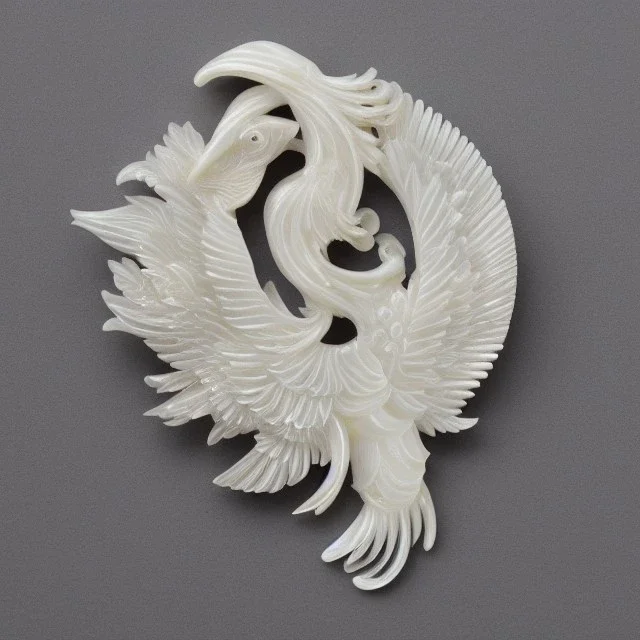 ivory brooch of a chinese phoenix, opalescent marble carving, decorative design, classical ornament, highly ornate, highly intricate, highly detailed etching, marble carving, warm lighting, linen backdrop