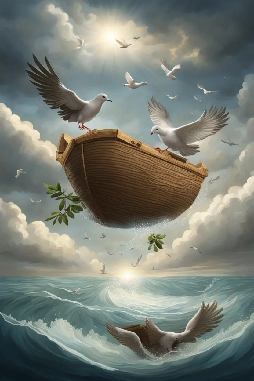 The flood, the Ark floats in the open sea, a dove flies in the sky with an olive branch in its beak