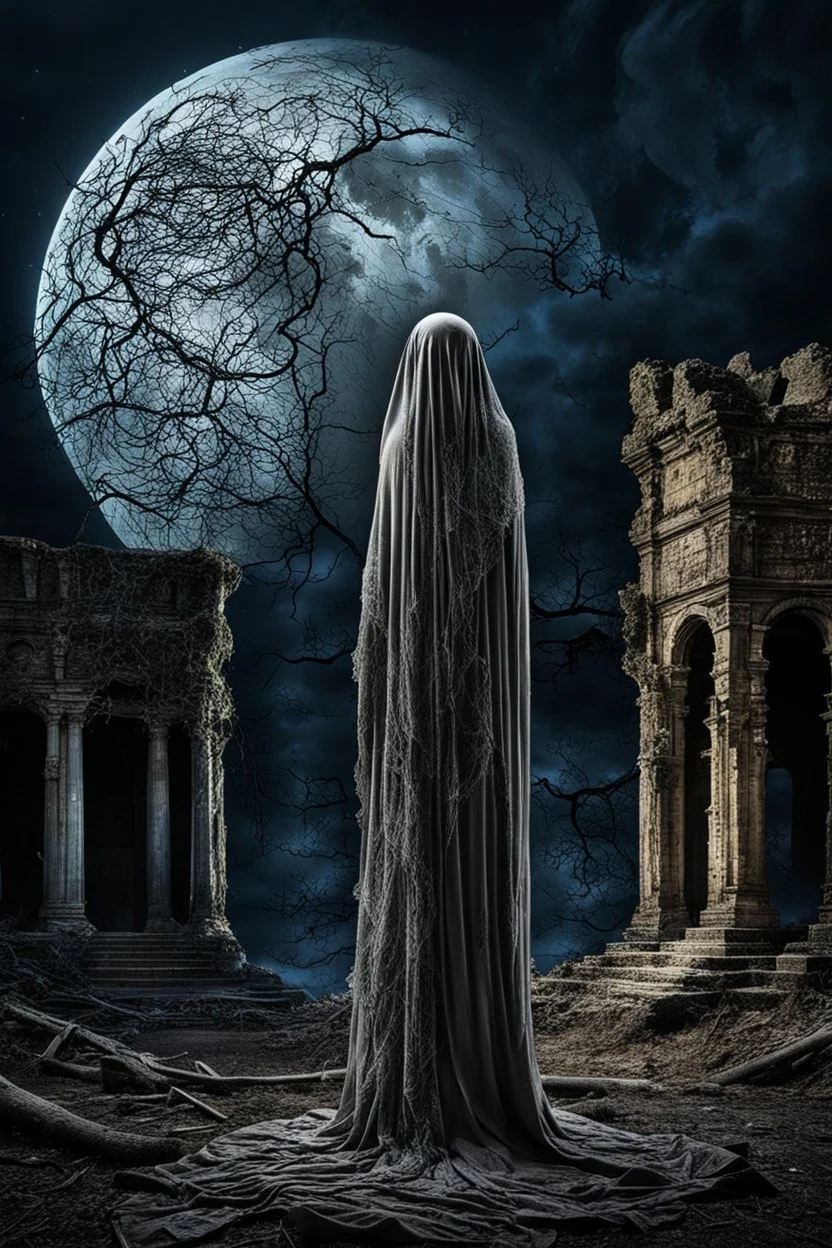 The solitary veiled figure draped in threads of decay standing at the midnight in moonlight next the Ruins, in backgrounde the luminous sinister moon, detailed, crepy stunning