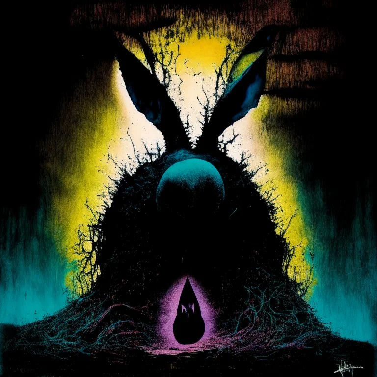 dramatic dark colorful fantastical ink illustration, surreal double exposure sinister face of an anthropomorphic ghostly fanged monster Bunny layered over a magical shining black egg cracking with dark energy, levitation, swamp at midnight, complex contrast, dynamic composition, sinister, unsettling, photo layering, masterpiece, scary, weird, by Zdzislaw beksinski