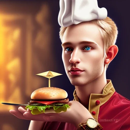  portrait of blond handsome elf with head band and golden watch, behind him another chef in front blurred dark wooden wall, tasty commercial burger, shiny fork and knifes on dinner table with cloth, fantasy art book cover