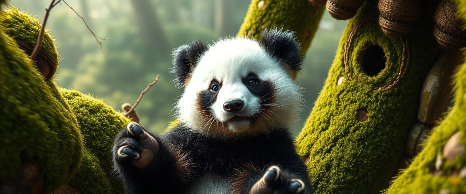 the high speed magical face of a fluffy panda yoga with charm in web from mossy tower, master oil painting by Rembrandt and Escher, in his moss covered space ship , brightened edges to give a sense of depth, motion blur