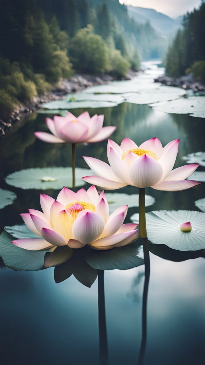 Double exposure of a lotus flower and a flowing river, stunning