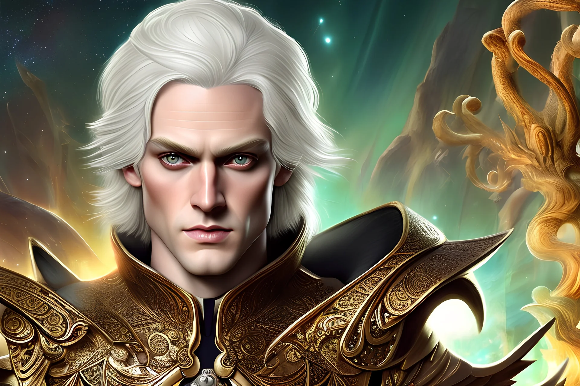 Photorealistic handsome man with shoulder length white hair and amber eyes in a Victorian suit surrounded by psychedelic mandalas, prisms, and patterns in a 3D digital art style