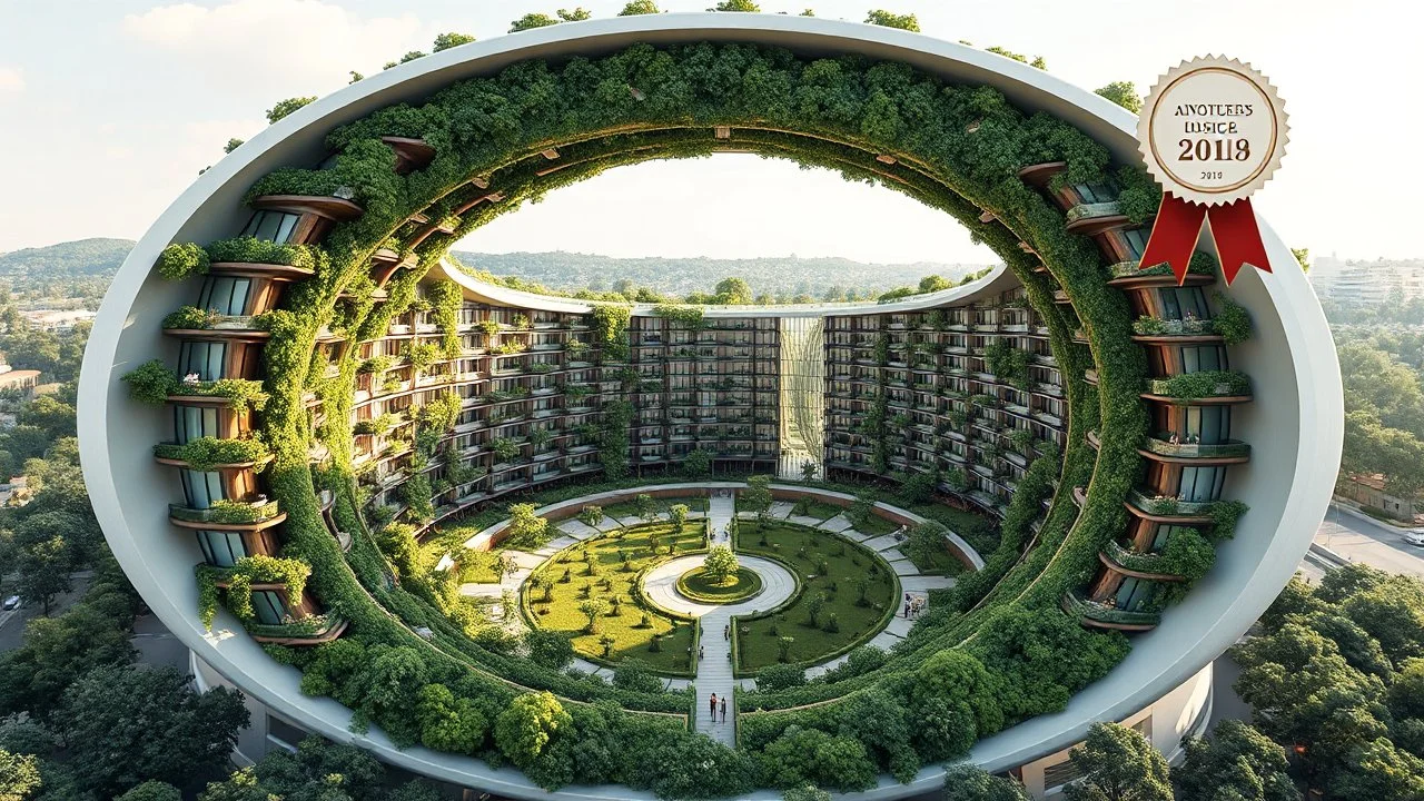 A unique residential complex designed as a large, smooth torus (doughnut) shape. The circular structure encloses a lush, green courtyard, and the outer walls are a mix of glass and vegetation. The curvature of the torus creates a sense of fluidity and unity, with the apartments arranged to follow the continuous curve of the building. Award-winning photograph.