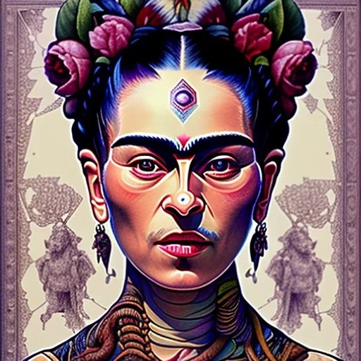 A beautiful portrait of Frida Kahlo, alphonse mucha, grain on the skin, tribal tatoos, high key lighting, volumetric light high details, full length clean art NFT, soft lighting, soft pastel gradients, high definition, blender 3d cinematic, op art, visionary art, sacred geometry, fractal, white balanced, lot's of grain on her skin, lot's of details in the background