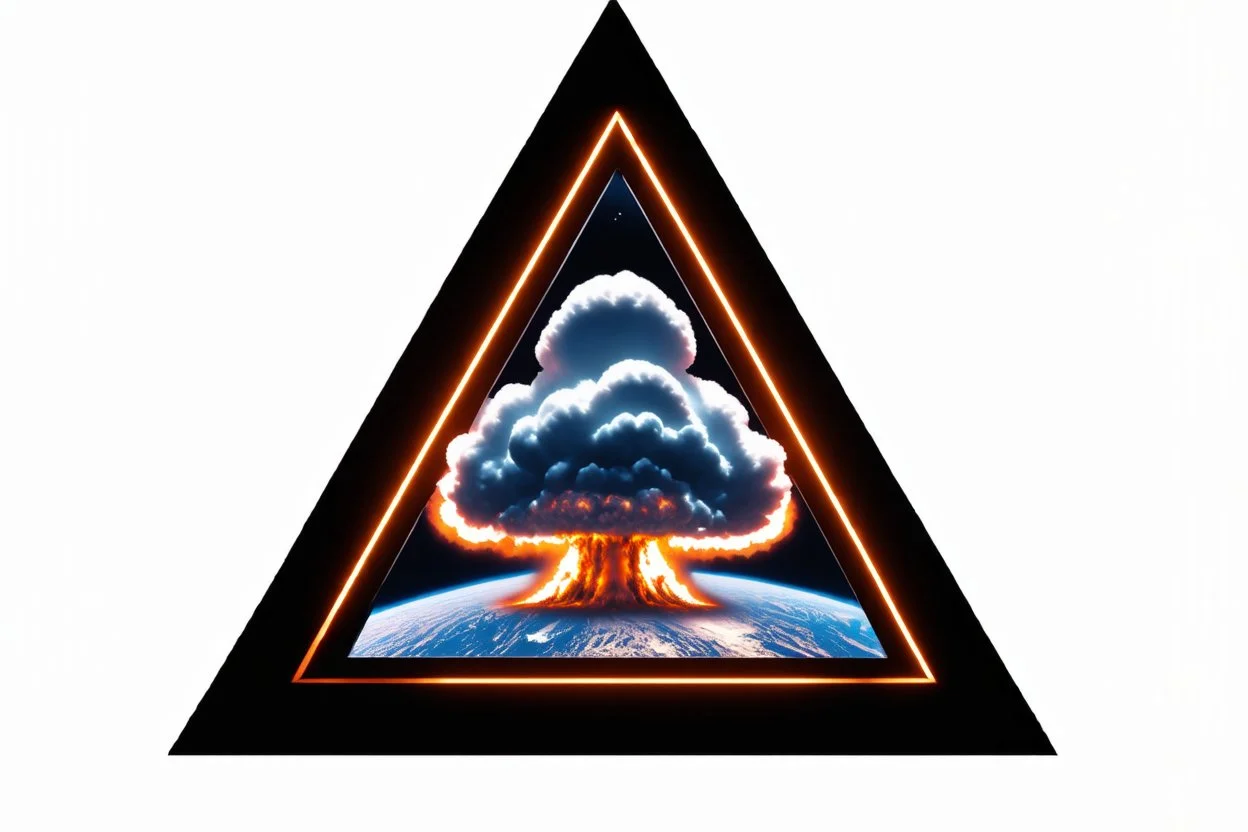 a nuclear explosion cloud, behind an orange glowing omega like shape, all inside an equilateral triangle opening, that is like a window to a different world, radiant lines, sci-fi fantastic