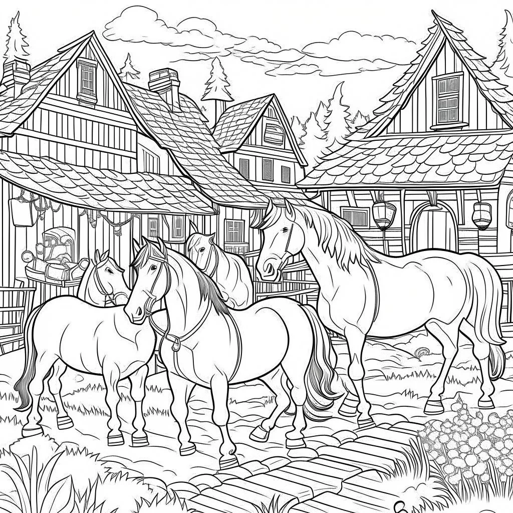 oloring book for kids, no colors, horses in village