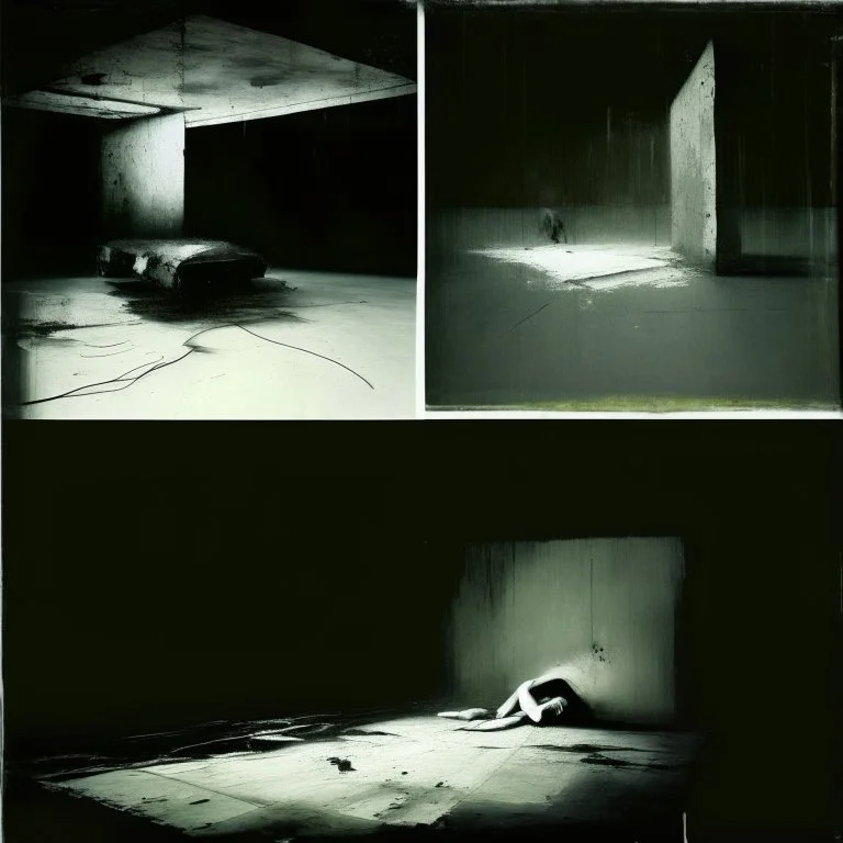 Minimal abstract oil paintings of a desolate 1960s carpark. Illuminated by a spotlights. On the floor are concrete fragments and road markings . In the dark mysterious style of Justin Mortimer and Francis Bacon.