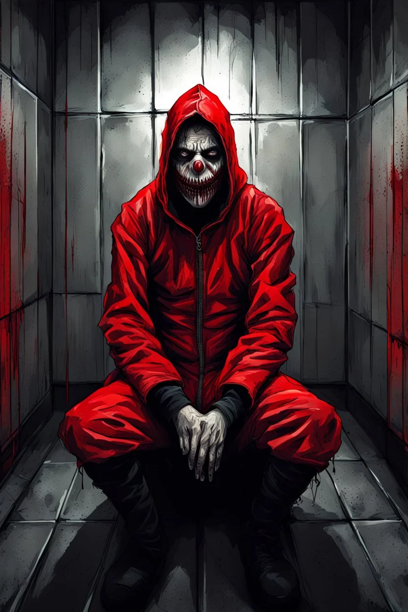 A scary gothic person sits quietly in the middle of a soundproof, padded room conveying intense dramatic emotions in a muted environment, wearing a bright red straitjacket , a mask to cover the mouth area of cannibal evil scary, dark and gothic look, cold eyes, eary ultra detailed,.32k, digital art style with messy paint, hardened sealer appearance, impasto, dramatic Arial view with explosive chaotic background