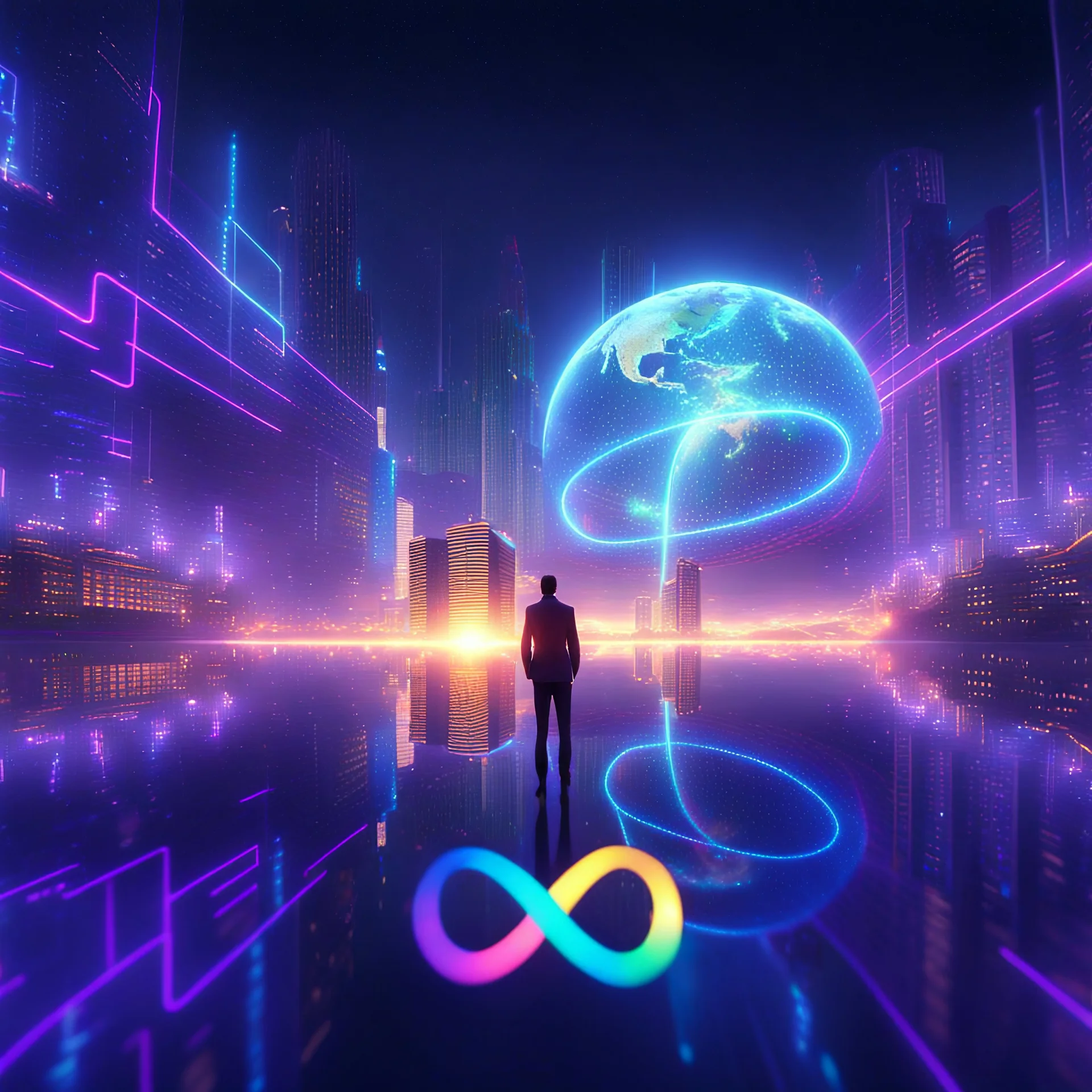 3D infinity symbol ∞, infinity figure-of-eight symbol is totally-symmetrical and brightly coloured, man silhouette facing epic scene of building, glowing earth, water, network and lights, exotic, inspiring, fantasy, neon, friendly, beautiful, octane render, 8k post-production, artstation: award-winning: atmospheric: commanding: fantastical: clarity: 16k: ultra quality: striking: brilliance: liquid medium: stunning colors: amazing depth; lens: f/8, 28mm