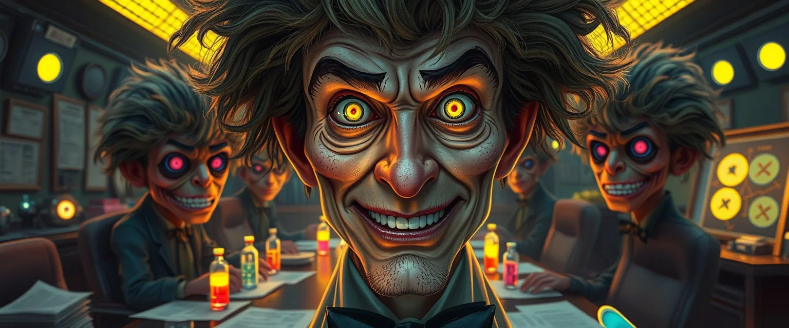 high class realism, dented skin, victorian era, cyber punk, A really close up portrait of one person individually mutated with hairy wigs glowing, messed up uranium creatures in a dimly lit boardroom, with playful expression. The room is filled with scattered papers, glowing vials, and miniature nuclear reactors. Style: whimsical digital illustration, cinematic lighting, colorful