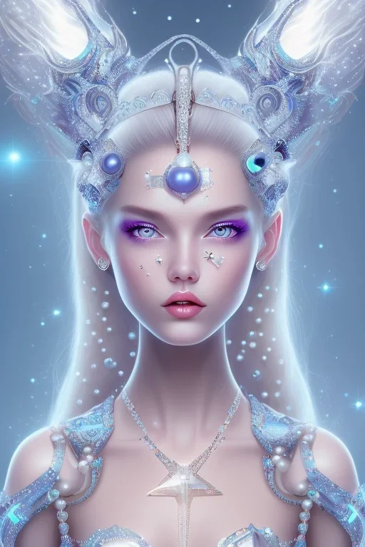 cosmic girl belle fine, peau blanche cristalline, yeux bleu, perle sur le front long cheveux etoilé cristaux sur le corps, collier de grande princesse