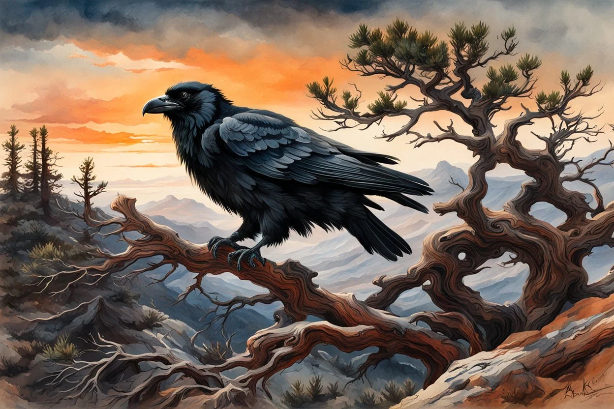 museum quality oil with watercolor underpainting of an aged, wandering Raven perched in the branches of an ancient, gnarled and twisted, Bristlecone Pine, on a remote plateau in the Rocky Mountains at sunset, in the style of Karl Bodmer, and Winslow Homer, rendered as an aquatint, with a fine art aesthetic, highly detailed , 8k UHD cinegraphic realism, dramatic natural lighting