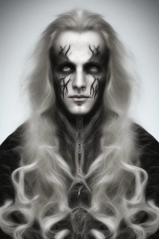 Symmetric portrait of a man with black metal facepaint, with long white hair