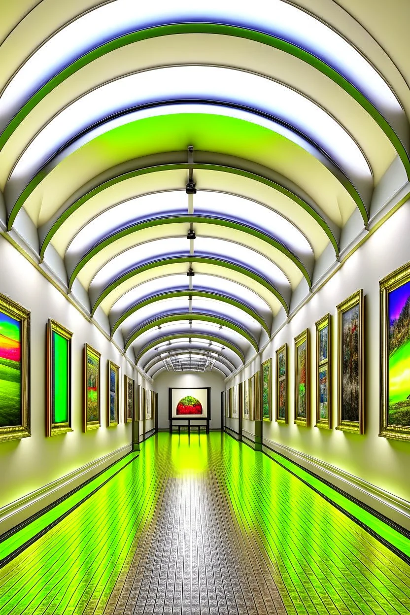 3D-shot A hall for displaying art paintings in an oval shape, and there is an oval wall in the middle of the hall, and the paintings are hanging on the walls