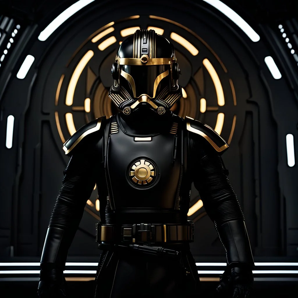 star wars bald male corellian pilot wearing gunmetal grey and black first order armored TIE pilot flightsuit and helmet with gold trim inside the jedi temple, centered head and shoulders portrait, hyperdetailed, dynamic lighting, hyperdetailed background, 8k resolution, volumetric lighting, light skin, fully symmetric details