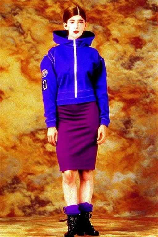 year 1996 fashion. Straight skirt, low waist. Combat hoodie with long tippet, which continues to the hood. Colors: denim blue, blue, purple, cream, khaki, "pastel green", lilac, plum, orange, terracotta, red, light yellow, pink, dark blue, beige. Latex in small part. Sturgeons vulgarism pattern prints.. Bridget Jones, Missy Elliot, Jennifer Lopez. Karjalainen kuvio, Karjala patterns tradiotional. Hat with a visor, integrated to AKG-style headphones.