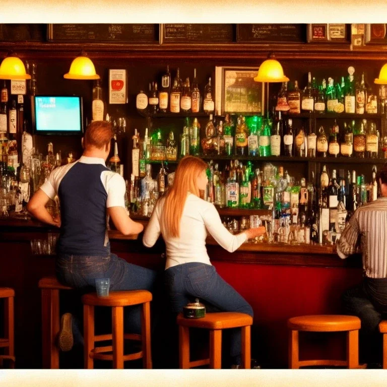 Foto realista de bar irlandés con camarera detrás de la barra y un hombre sentado. Estilo retro futurista. 8k. God rays.