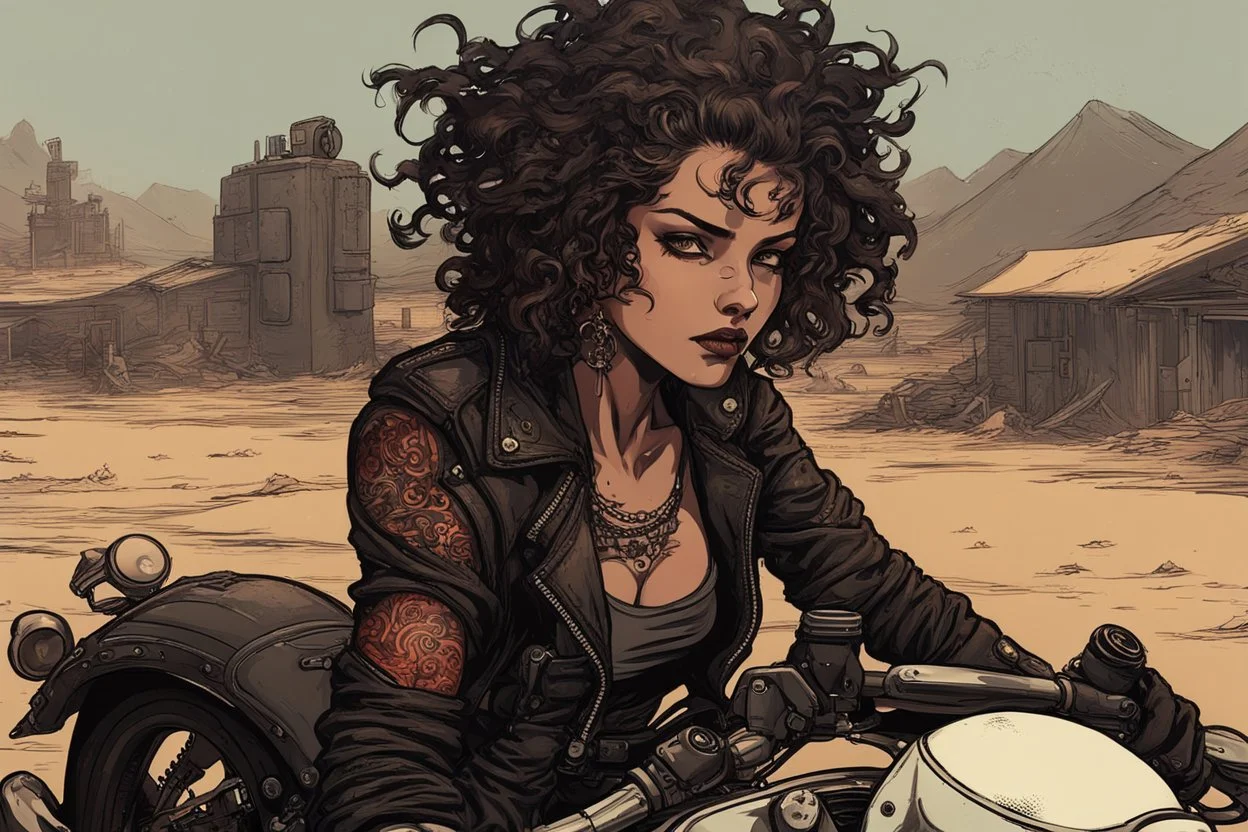 scarred cyberpunk vampire girl with tribal tattoos short curly cyberpunk hair riding a black cafe racer motorcycle in a post apocalyptic wasteland on fire