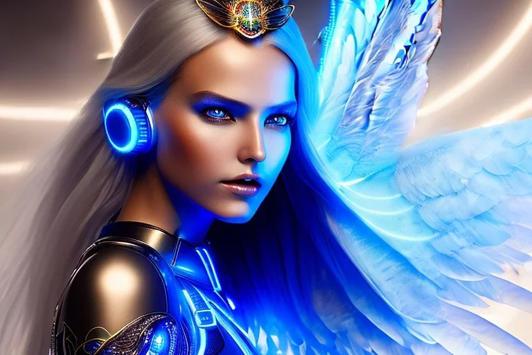 A beautiful portrait of a cute smiling cyber woman with wings, long blond platinum hair, luminous blue eyes, high key lighting, volumetric light high details with blue and white stripes and feathers and white luminous celtic paterns, beam starry background