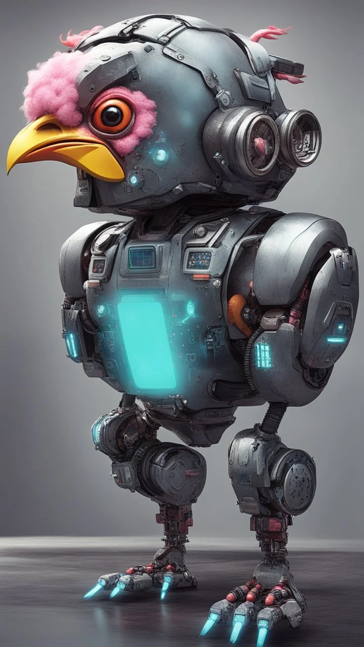 CHICKEN robot made of cotton candy, sci-fi, cyberpunk, full body, ultra realistic, virtual reality, cyberpunk city and colors