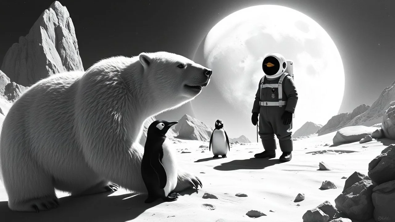 buster keaton as unstable polar growlar bear on the planet of Ceres, with some penguin astronauts