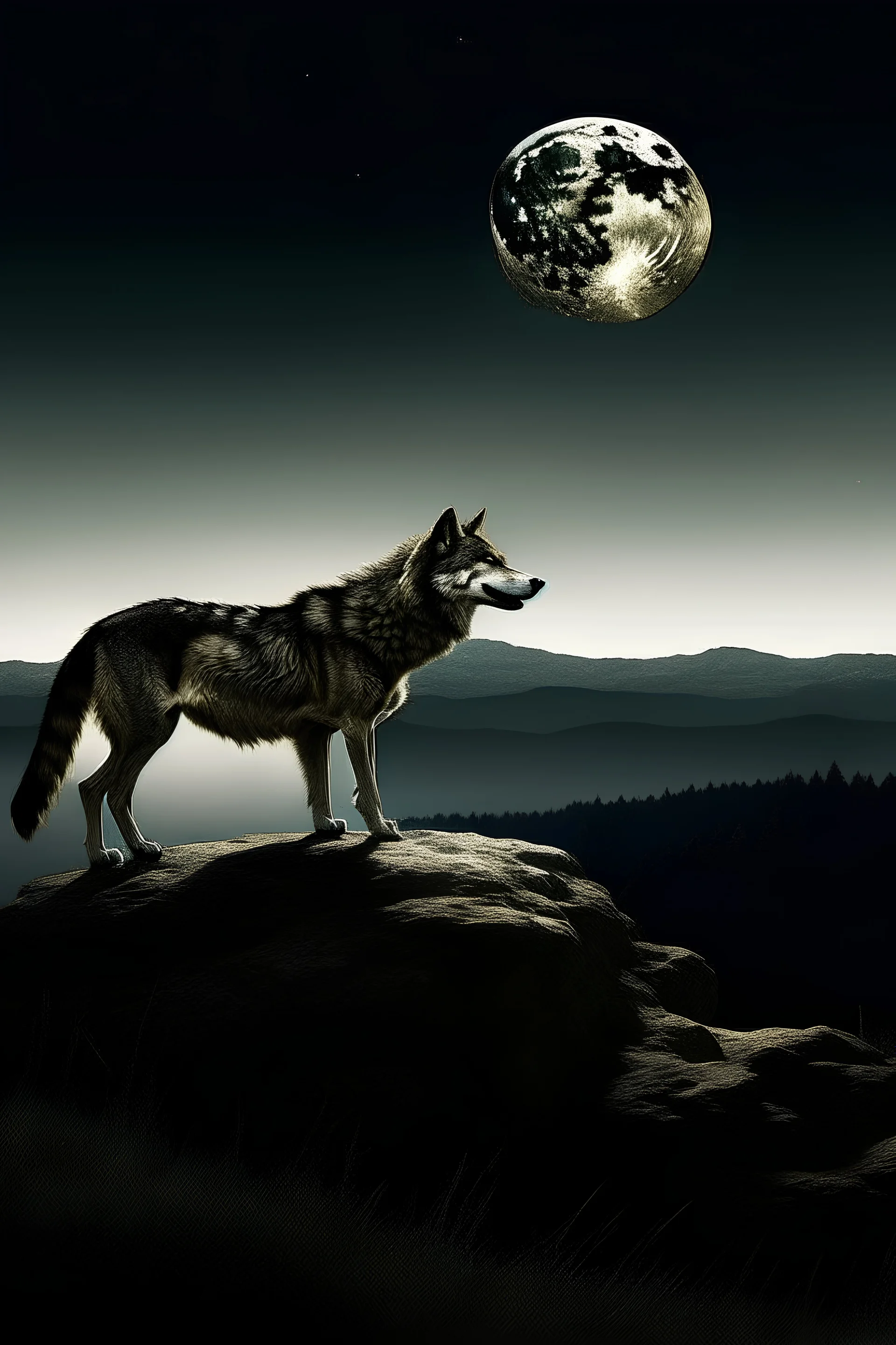 ذئب على تلة والقمر ظاهر من خلاله بمنظر خلاب