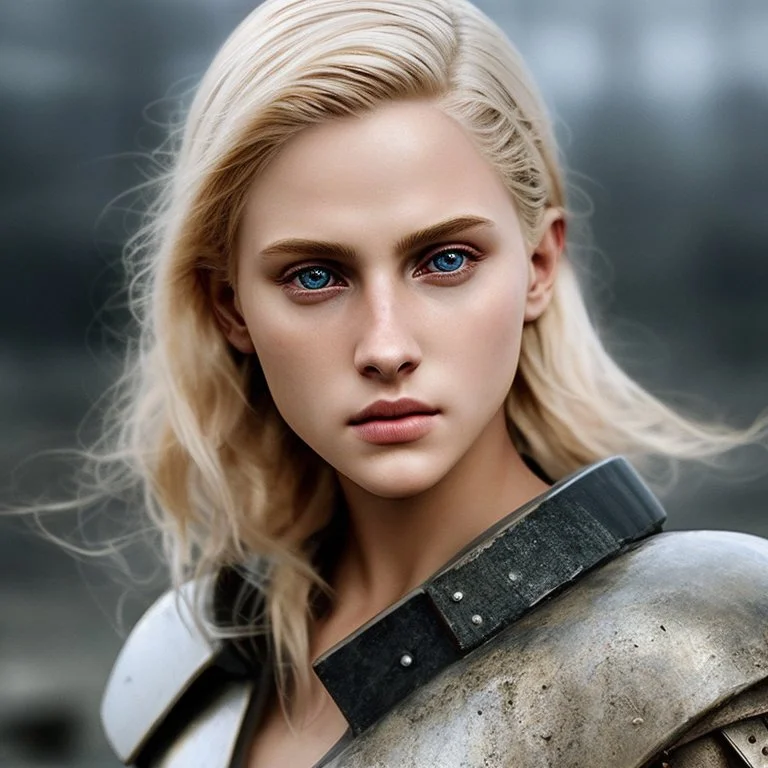 Prhotorealistic close-up of a beautiful blonde warrior with dystopian clothes and background