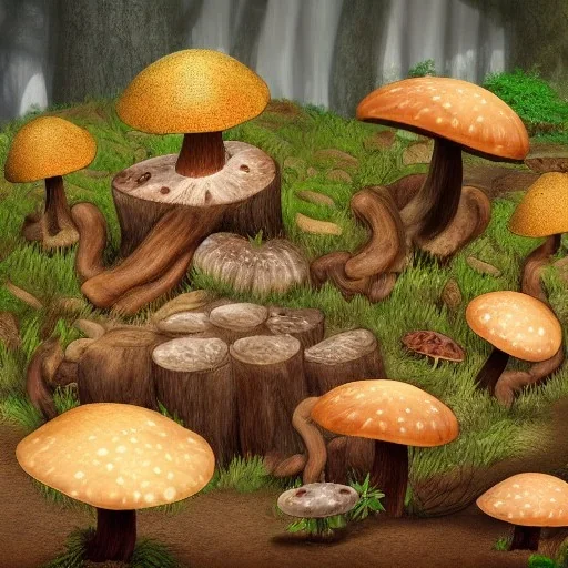 Large log,Mushroom city,fallen log, plentiful mushrooms,fantasy