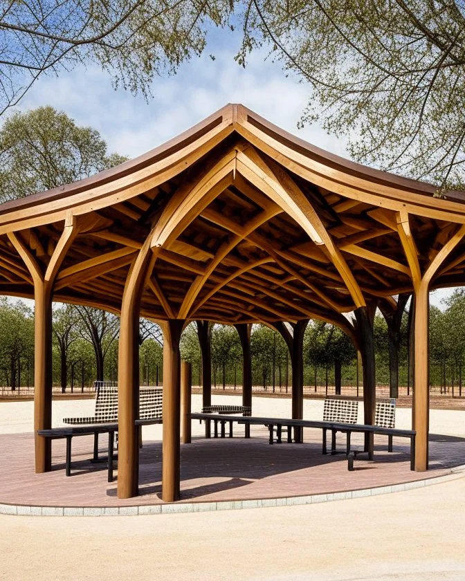 unique pavillion with benches for park