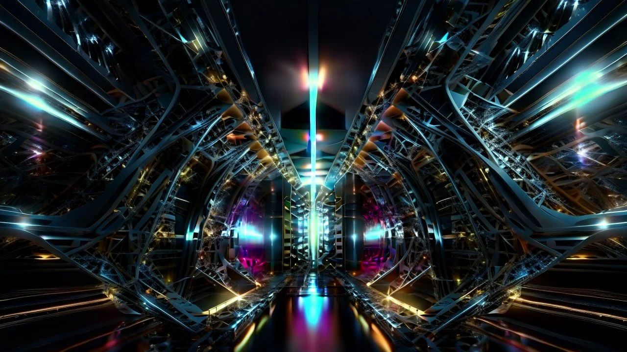 a 3d fractal stage structre made of metallic color 3d structures, pertty artistc background,dynamic lights