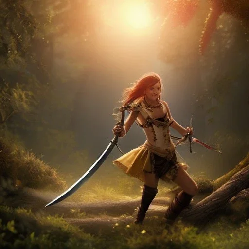 realistic, young spanish pirate girl with a sword, fighing a monster in the forest. 3k, cinematic, gloom lights