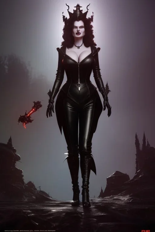 Geena Davis as evil queen in black leather, leather, busty, cleavage, angry, rage, stern look. character design by cory loftis, fenghua zhong, ryohei hase, ismail inceoglu and ruan jia. unreal engine 5, artistic lighting, highly detailed, photorealistic, fantasy