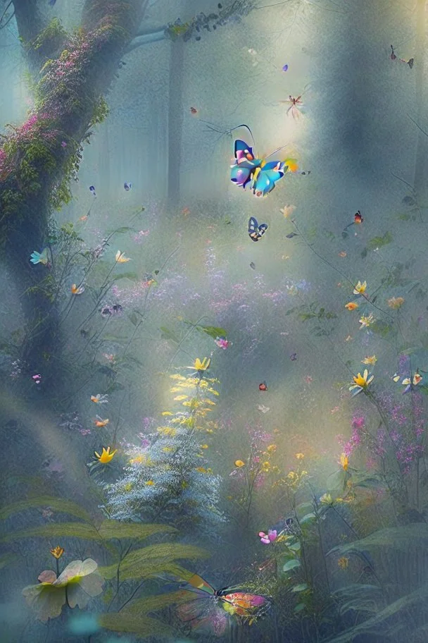 Pretty, misty woodland with flowers and bees and butterflies