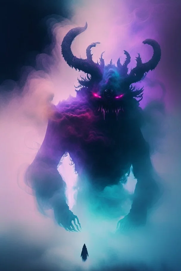 fog and smoke in a shape of a monsterous demon beast humanoid and a colour of cosmos