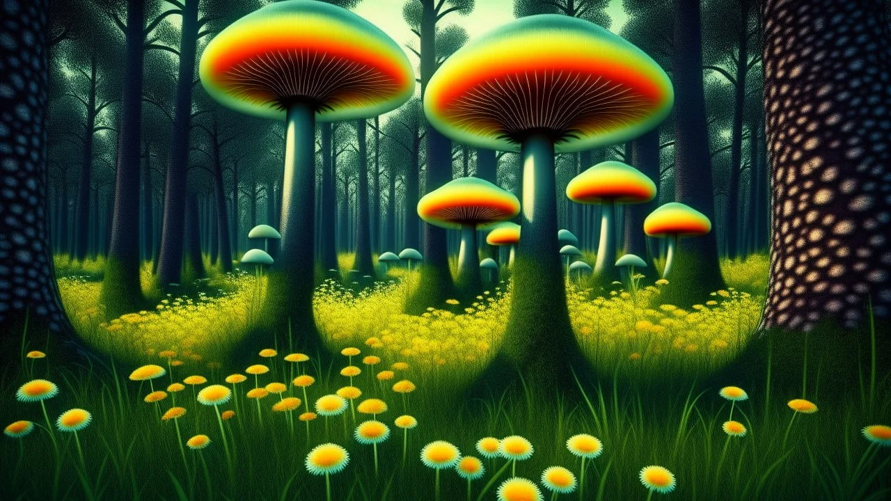 alien woodland trees looking like mushrooms with multi stemmed dandelions